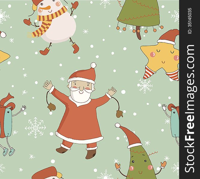 Cartoon pattern with Christmas characters. Concept seamless pattern in vector.