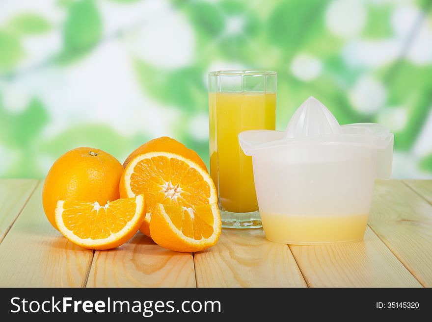 Orange slices, glass and juice extractor against foliage