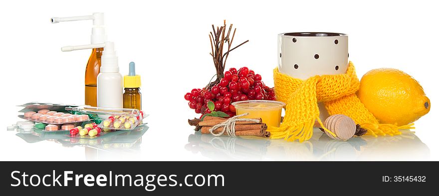 Traditional and medicamentous remedies for cold on a white background