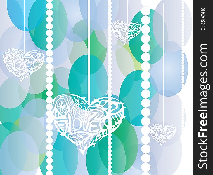 White hearts on blue and green circles background