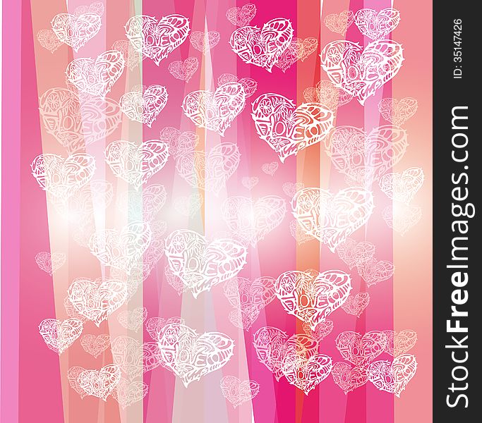 White hearts on pink stripes background