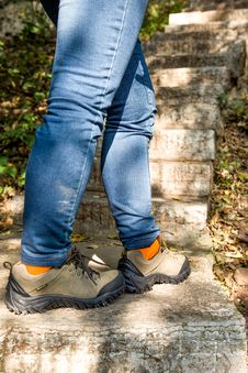 Hiking Shoes ,walking On Mountain Steps Royalty Free Stock Photos