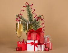 Fir-tree Branch, Wine Glasses With Champagne Royalty Free Stock Image Fir-tree Branch, Wine Glasses With Champagne Royalty Free Stock Image