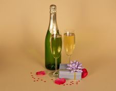 Bottle And Two Wine Glasses Of Champagne Stock Photography