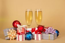 Set Of Different Gift Boxes, Toys And Wine Glasses Royalty Free Stock Photography Set Of Different Gift Boxes, Toys And Wine Glasses Royalty Free Stock Photography