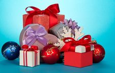 Various Gift Boxes And Beautiful Christmas Toys Stock Photography