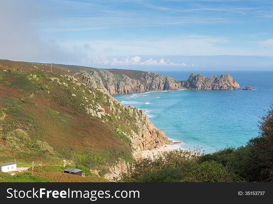 English coast in autumn at Porthchapel Cornwall England near the Minack Theatre and Porthcurno. English coast in autumn at Porthchapel Cornwall England near the Minack Theatre and Porthcurno