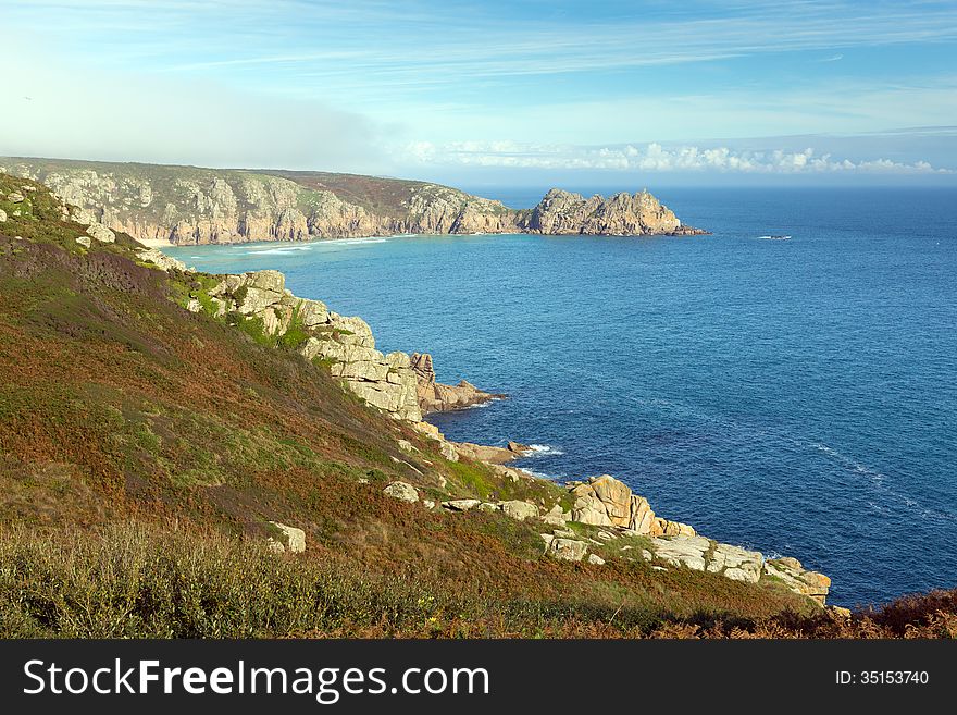 English coast in autumn at Porthchapel Cornwall England near the Minack Theatre and Porthcurno. English coast in autumn at Porthchapel Cornwall England near the Minack Theatre and Porthcurno