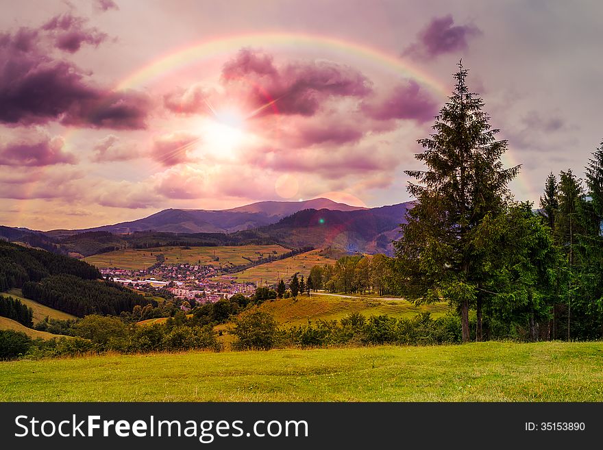 Valley near forest on a steep mountain slope after the rain in evening mood