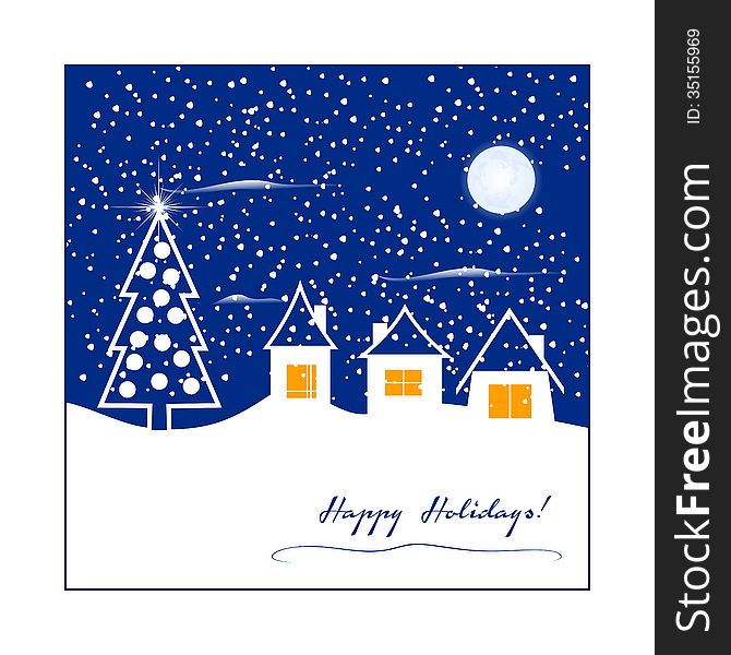 Winter greeting card with abstract houses and Christmas tree