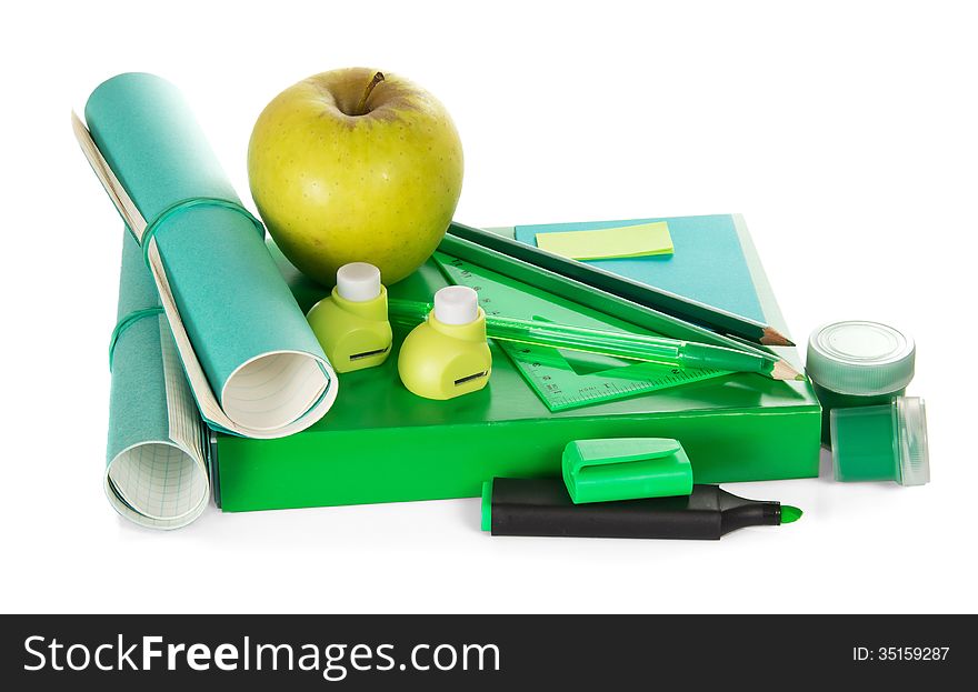 Book, accessories to the letter, a hole puncher paint and apple, isolated on white. Book, accessories to the letter, a hole puncher paint and apple, isolated on white