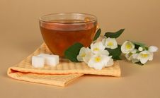 Cup Of Tea, Sugar, Branch Jasmine And Napkin Royalty Free Stock Images