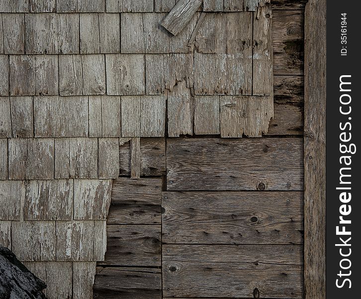 Decaying and peeling old wooden siding on a house