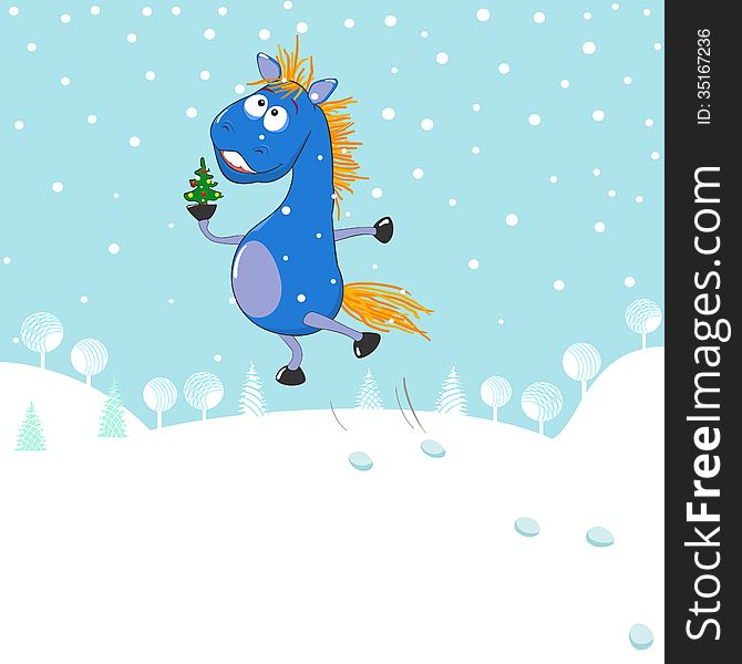 A small blue horse with a Christmas tree on a winter background. A small blue horse with a Christmas tree on a winter background