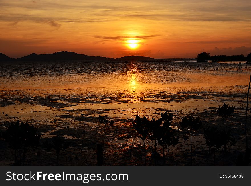 A sunset scene in Songkhla, Thailand.