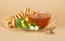 Cup Of Tea, Bagels, Linden And Jasmine Flowers Stock Image Cup Of Tea, Bagels, Linden And Jasmine Flowers Stock Image