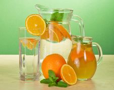 Jugs With Drinks, Glass, Oranges And Spearmint Royalty Free Stock Photography Jugs With Drinks, Glass, Oranges And Spearmint Royalty Free Stock Photography