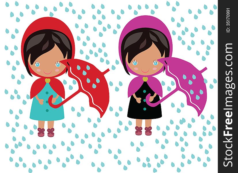 Illustration with two girls under the umbrella.