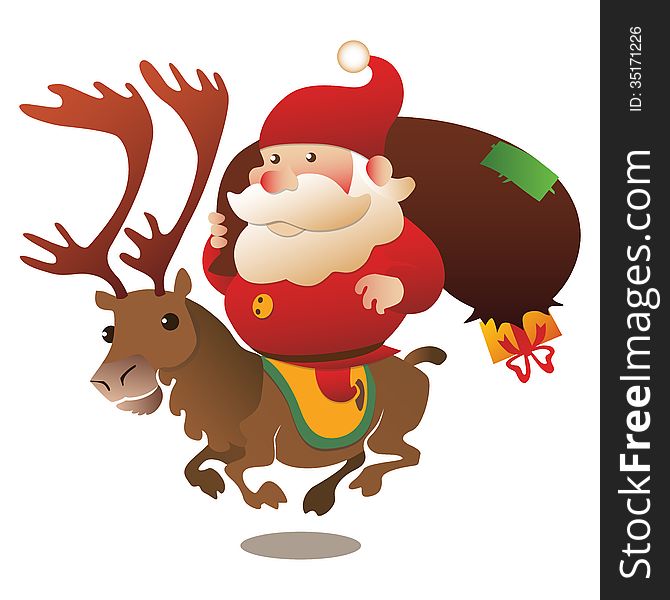 Cute santa riding reindeer with broken bag of presents. Cute santa riding reindeer with broken bag of presents