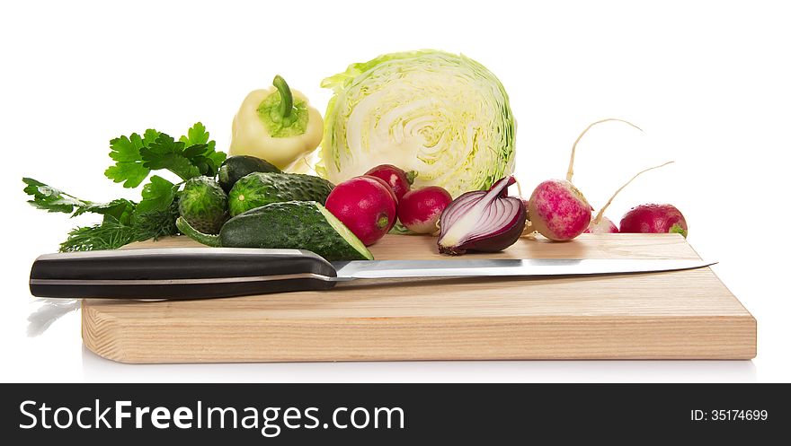 Cabbage, cucumbers,pepper, radish, onions and