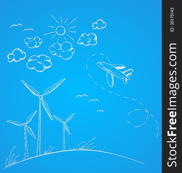 Blue vector background with airplane and windmills. Blue vector background with airplane and windmills