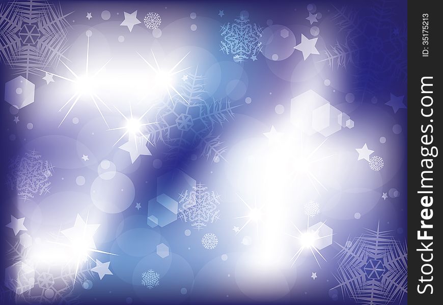 Blue Christmas background with snowflakes and stars.