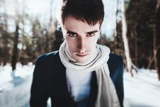 Portrait Of A Man In Snow Forest Stock Photos