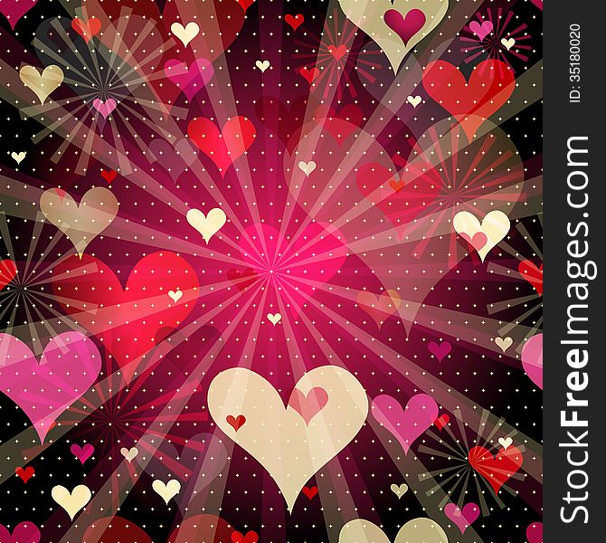 Vivid seamless valentine pattern with translucent gold and red hearts and rays (vector EPS 10)