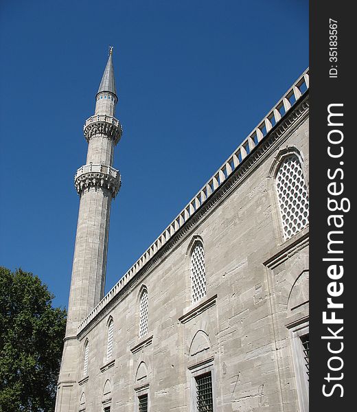 View of the minarets of the mosque of Suleiman in a bright sunny day. View of the minarets of the mosque of Suleiman in a bright sunny day