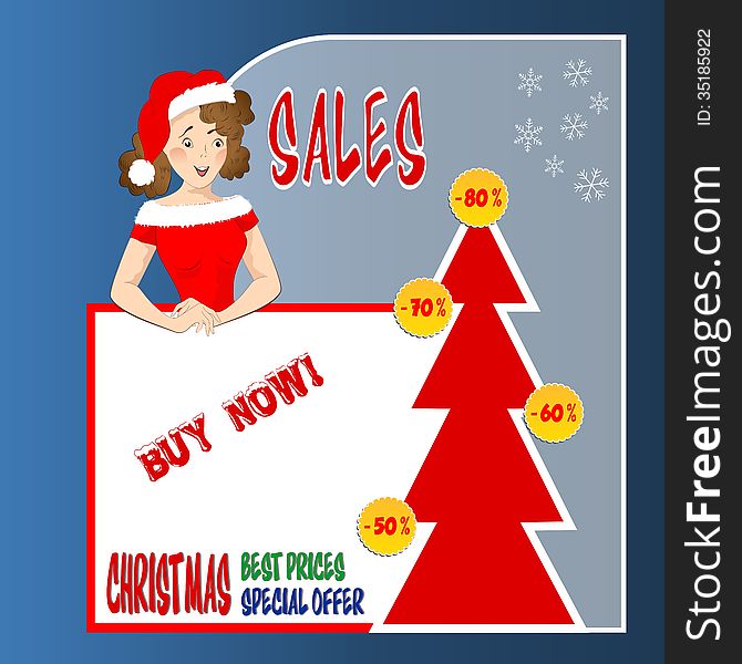 Christmas sales concept with young Santa woman and sales messages