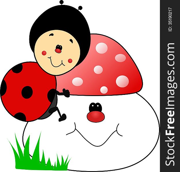 A lovely ladybug cartoon with her happy mushroom. A lovely ladybug cartoon with her happy mushroom