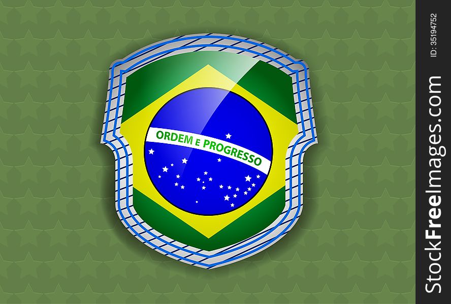 Beautiful flag of Brazil shield on a green stars background