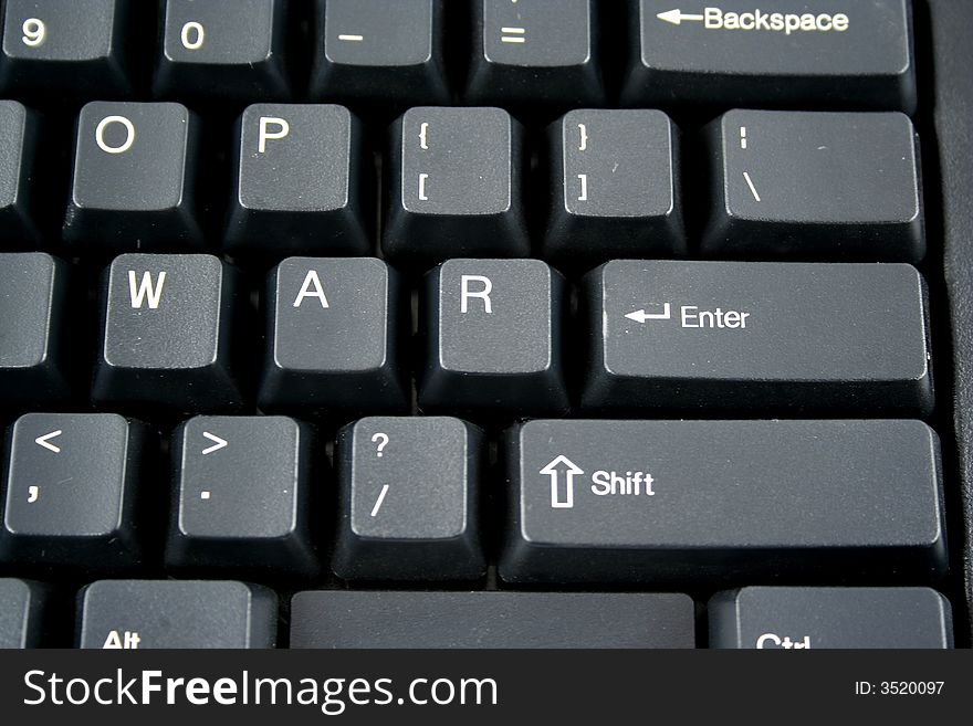 The word War spelled on a keyboard. The word War spelled on a keyboard