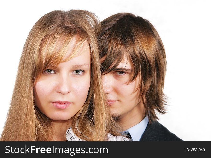 Portrait of attractive young couple close-up isolated over white background. Portrait of attractive young couple close-up isolated over white background