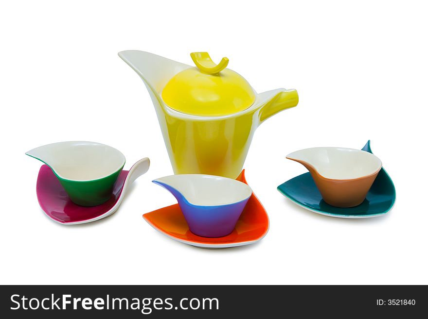 Cups and teapot, isolated on white background