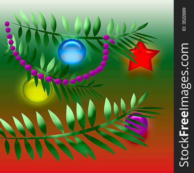 Christmas tree boughs with ornaments on gradient background. Christmas tree boughs with ornaments on gradient background