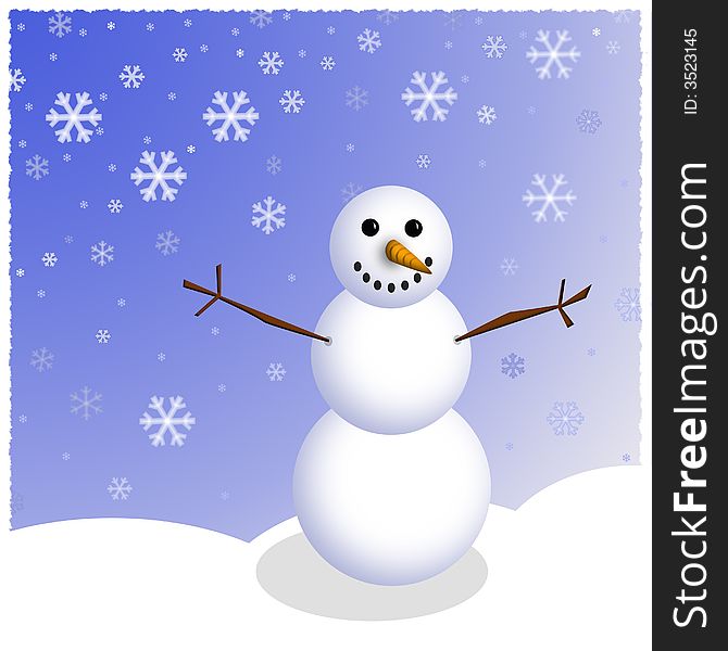 Graphic illustration of winter snowman with carrot nose and stick arms against a snowy background of falling snowflakes. Graphic illustration of winter snowman with carrot nose and stick arms against a snowy background of falling snowflakes.