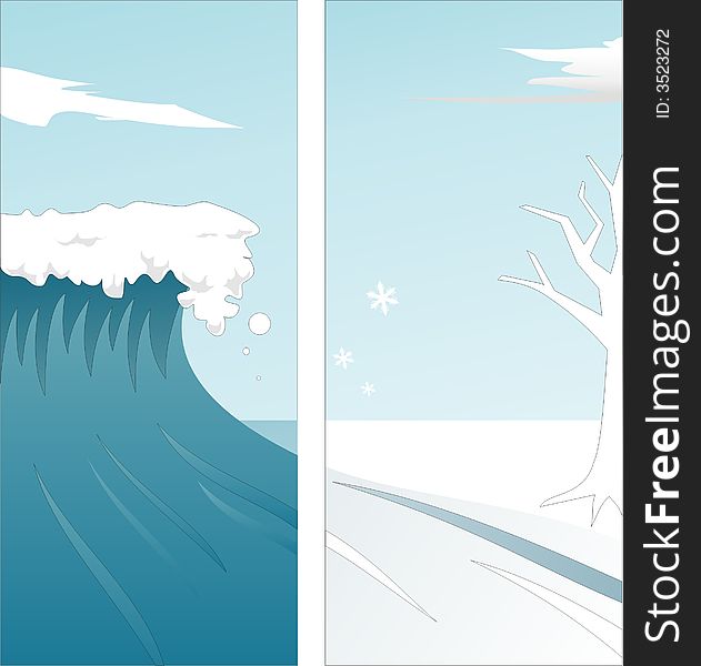 A two panel illustration depicting summer and winter. A two panel illustration depicting summer and winter