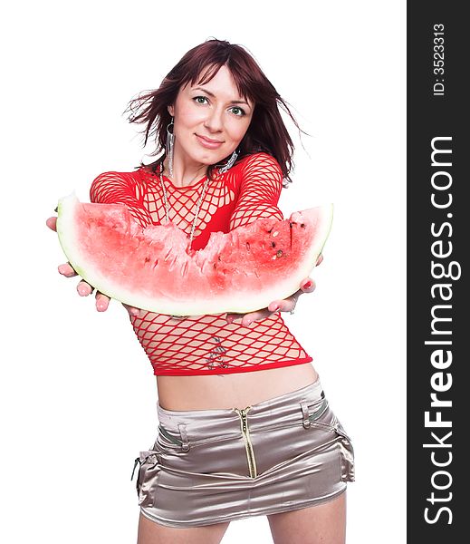 The girl offers a water-melon