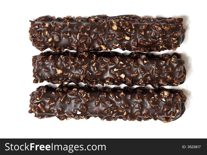 Top view of three chocolate waffles isolated on white background