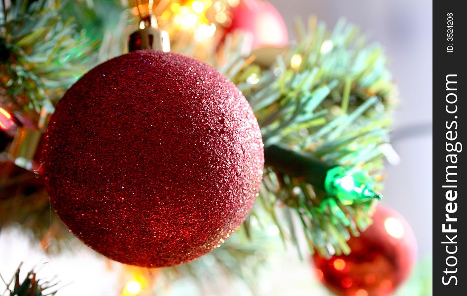 Red glass ball on Christmas tree. Red glass ball on Christmas tree