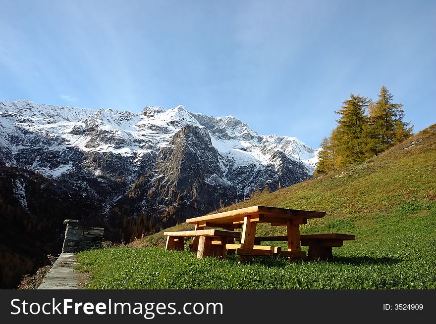 Wooden desk in a mountain rural house;west alps, Italy