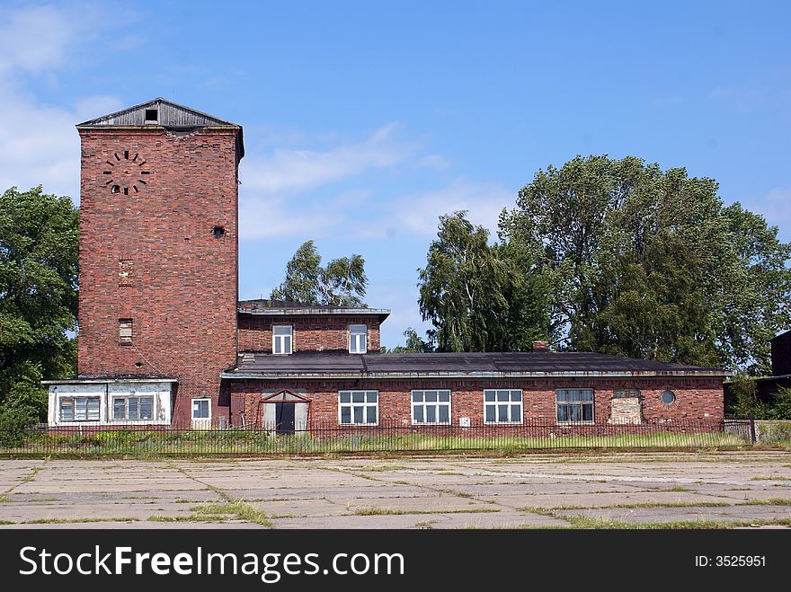 Red brick house on the airfield near Baltysk, Russia