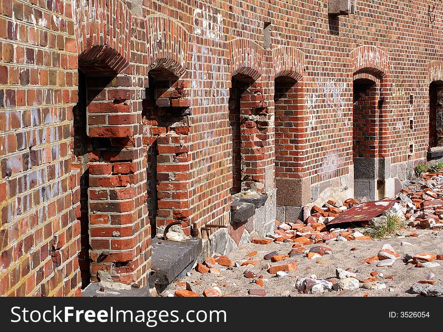 Old brick wall of fort Zapadny near Baltysk, Russia