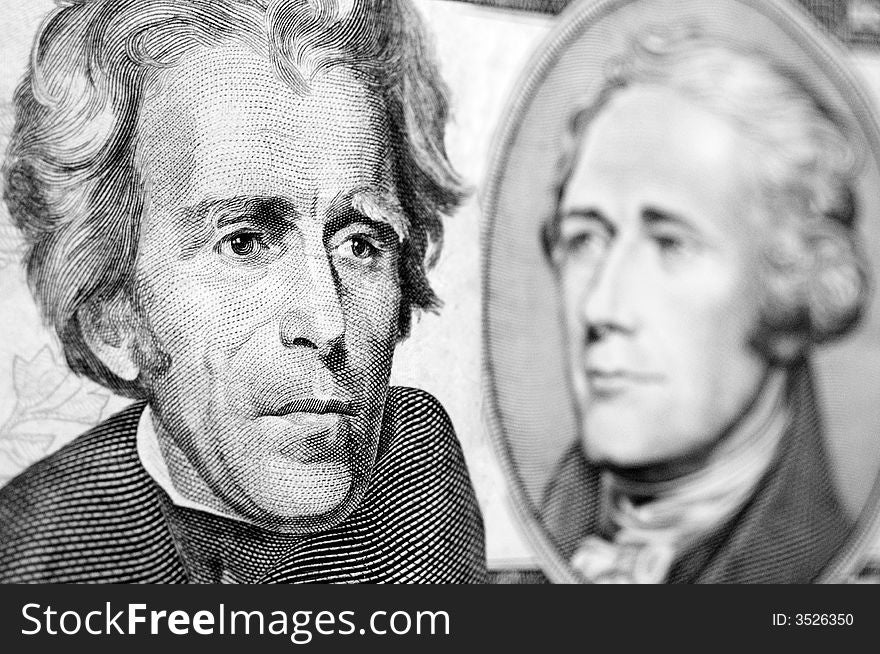 Two presidents Hamilton and Jackson on the dollar's notes. Two presidents Hamilton and Jackson on the dollar's notes