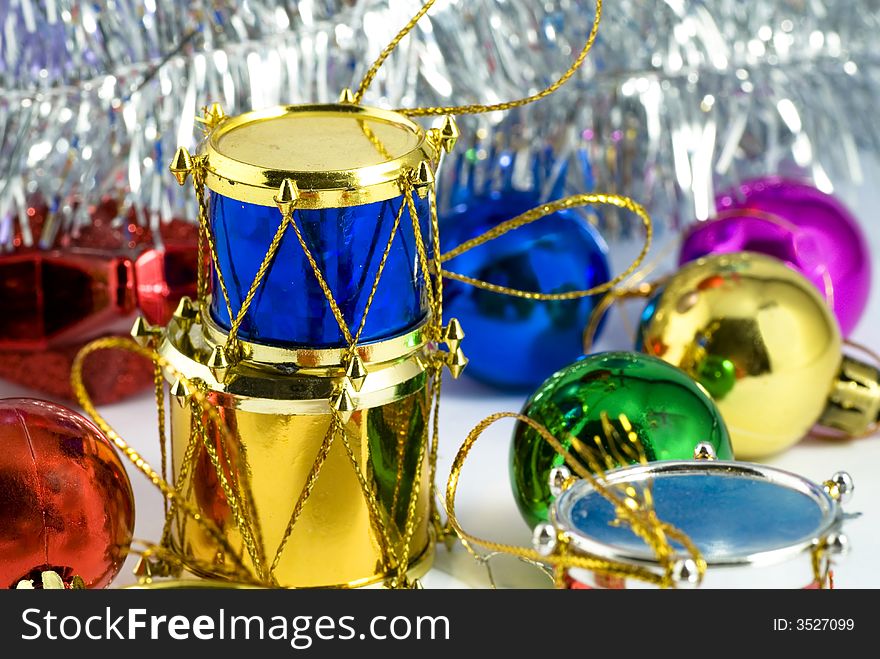 Heap of colorful christmas tree decorations of different types