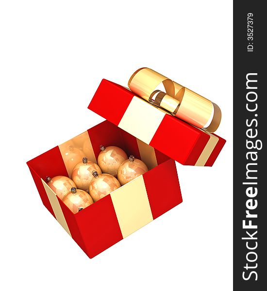 Red gift box with some gold balls. Red gift box with some gold balls