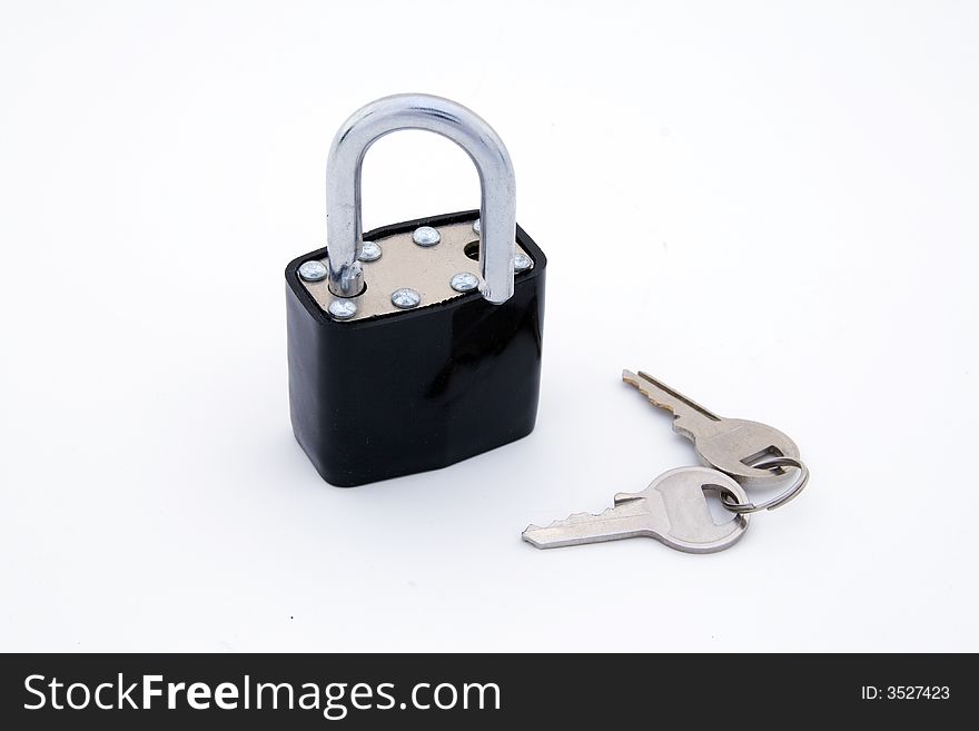 Open padlock and keys isolated over white