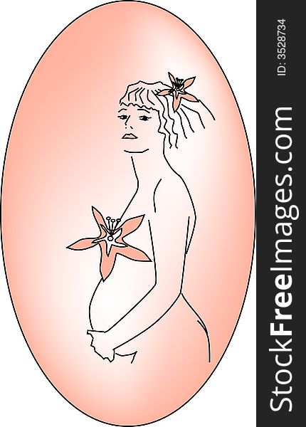 The pregnant woman with flower.  Pink background. Oval composition. The pregnant woman with flower.  Pink background. Oval composition.