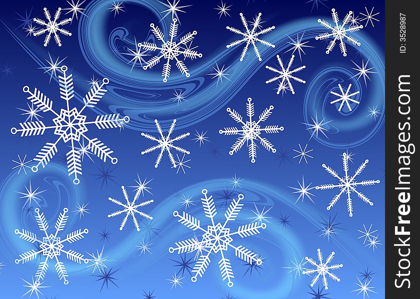 A dark blue background pattern featuring a collage of various snowflakes fading into the background with wispy wind. A dark blue background pattern featuring a collage of various snowflakes fading into the background with wispy wind